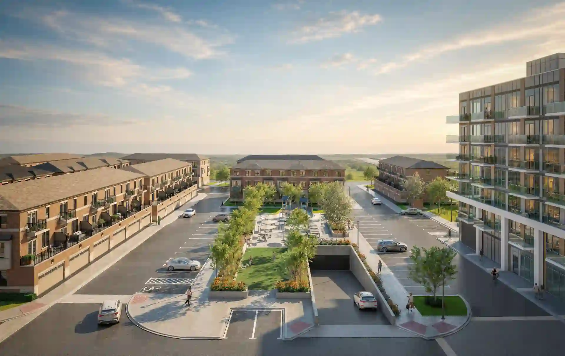 Aerial rendering of Elements Milton with townhome rows around a landscaped courtyard