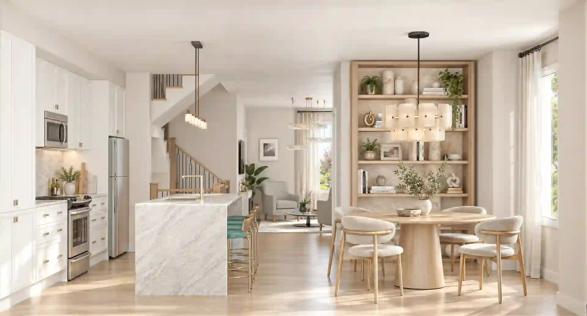 Bright open-concept main floor with white kitchen, marble island and round dining table